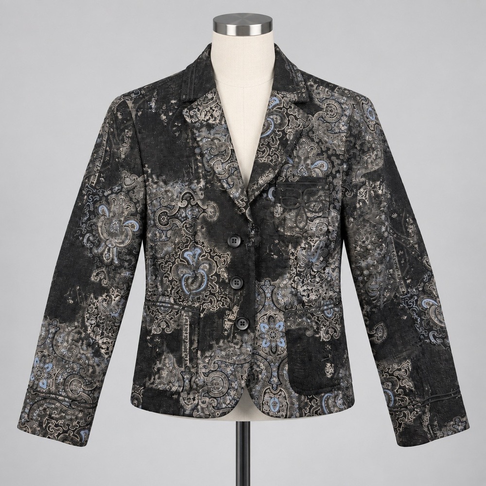 German Paisley Tapestry Jacquard Cropped Blazer Black Blue Steilmann GB 14 D 40